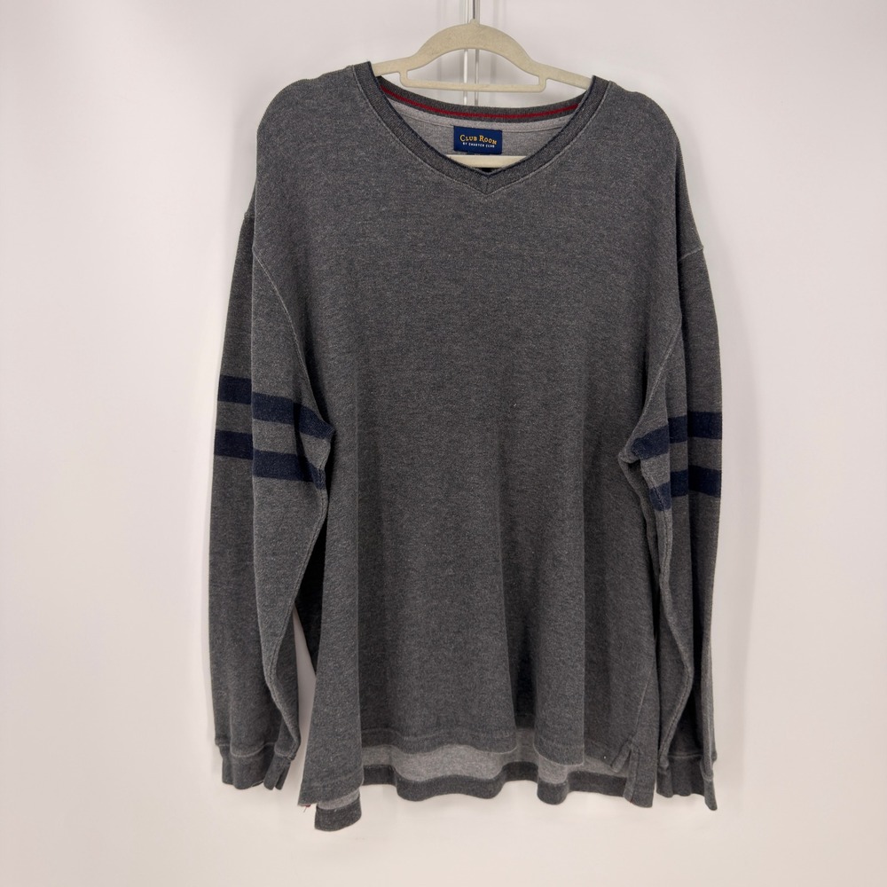 Club Room Shirt Mens XXL Gray V-Neck Long Sleeve Stripe Cotton Casual Dad Cozy